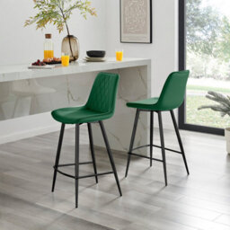 Furniturebox Uk 2X Bar Stool Chair - Pesaro Green Velvet Upholstered Dining Chair Black Metal Legs - Dining Kitchen Furniture