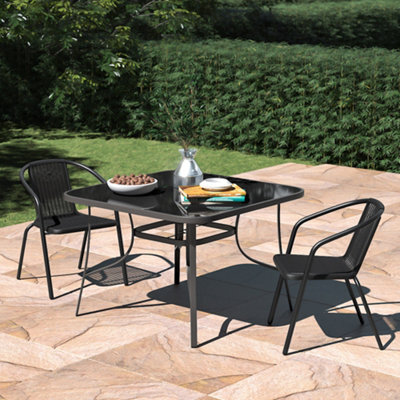 Living And Home Set Of 3 Black 2 Seater Garden Furniture Set Patio Glass Square Umbrella Table And Stackable Chairs Set 105 Cm - image 1