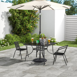 Living And Home Set Of 3 Black 2 Seater Garden Furniture Set Patio Glass Square Umbrella Table And Stackable Chairs Set 105 Cm - thumbnail 3