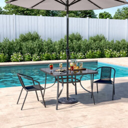 Living And Home Set Of 3 Black 2 Seater Garden Furniture Set Patio Glass Square Umbrella Table And Stackable Chairs Set 105 Cm - thumbnail 2