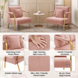Yaheetech Pink Velvet Accent Armchair With Cozy Pillow And Gold Metal Frame - thumbnail 4