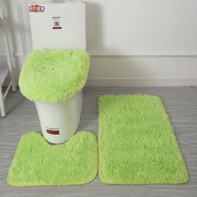 Light Green 3-Piece Fluffy Bathroom Mat Set - Non-Slip, Washable & Soft Toilet & Pedestal Mats - image 1