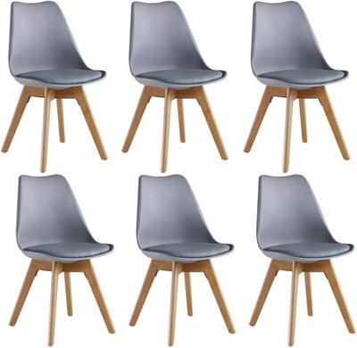 Life Interiors Set Of 6 Grey Scandinavian Dining Chairs With Leather Cushions Solid Wood Legs - image 1