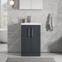 Balterley Belvide Partial Fluted 2 Door Floor Standing Vanity Unit With Mid-Edge 1 Tap Hole Ceramic Basin - 500mm - Satin Dark Grey - thumbnail 2