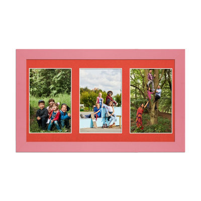 AK Frames 40X20Cm Pastel Pink Modern Multi Photo Frame With Poppy Red Mount - Holds 3 Apertures (3X) 6X4 Photos - image 1