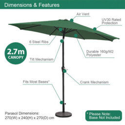 Gardenkraft 14610 2.7M Green Outdoor Garden Parasol - thumbnail 2