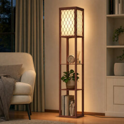 Homcom Modern Floor Lamp With 3 Shelves And Fabric Lampshade - Brown - thumbnail 1