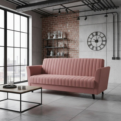 Vinti 3 Seater Fabric Sofa Bed Storage Compartment Fold Out Sleeping Function Modern Living Room Design Pink - image 1
