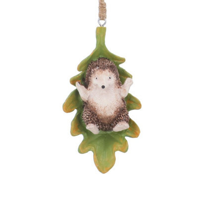 Gisela Graham Christmas Ceramic Hedgehog In Leaf Hanging Tree Decoration, 11.5 X 6.5 Cm