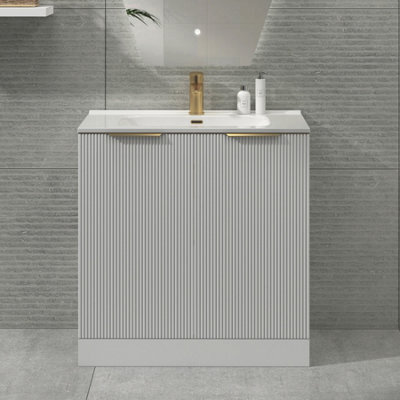 Royal Bathrooms Evora 800mm Matt White Fluted Floor Standing Bathroom Vanity Unit 2 Door Cabinet With Ceramic Basin & Brushed Brass Handles - image 1
