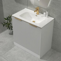 Royal Bathrooms Evora 800mm Matt White Fluted Floor Standing Bathroom Vanity Unit 2 Door Cabinet With Ceramic Basin & Brushed Brass Handles - thumbnail 4