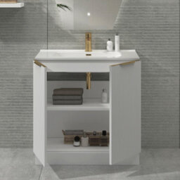 Royal Bathrooms Evora 800mm Matt White Fluted Floor Standing Bathroom Vanity Unit 2 Door Cabinet With Ceramic Basin & Brushed Brass Handles - thumbnail 3