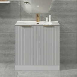 Royal Bathrooms Evora 800mm Matt White Fluted Floor Standing Bathroom Vanity Unit 2 Door Cabinet With Ceramic Basin & Brushed Brass Handles