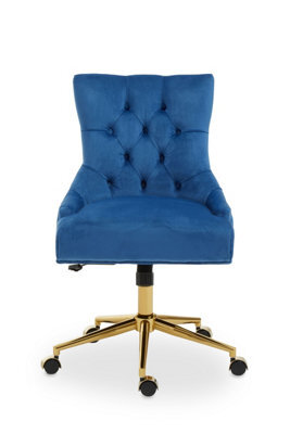 Orsina Luxury Blue Velvet Home Office Chair, Comfortable Blue Office Desk Chair With Gold Base, Modern Chair - image 1