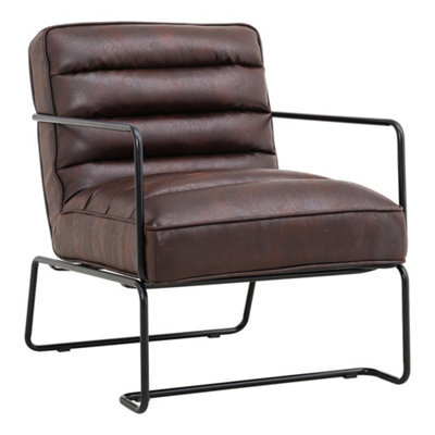 Living And Home Brown Mid-Century Armchair Pu Leather Upholstered Accent Chair With Metal Legs And Armrest - image 1
