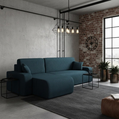 Piano L Shape Corduroy Corner Sofa Bed With Storage Soft Cord Fabric Modern Living Room Settee Stylish Comfortable Blue - image 1