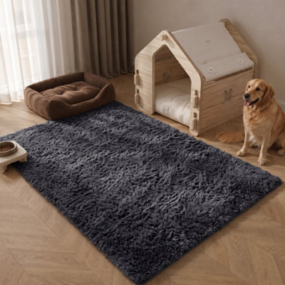 Oxford Homeware Shaggy Rug Anti-Slip Washable Soft Fluffy Living Room And Bedroom Rug (Black, 60X110Cm) - image 1
