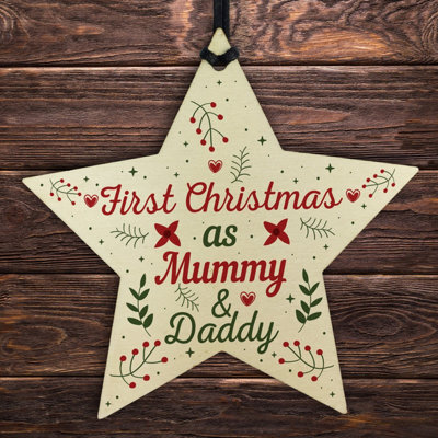 Red Ocean First Christmas As Mummy Daddy Wood Star Christmas Bauble Gifts - image 1