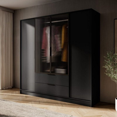 Arte Kelly 206Cm Hinged Wardrobe In Classic Black - Timeless Storage With Glass Details - image 1