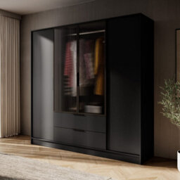 Arte Kelly 206Cm Hinged Wardrobe In Classic Black - Timeless Storage With Glass Details - thumbnail 1