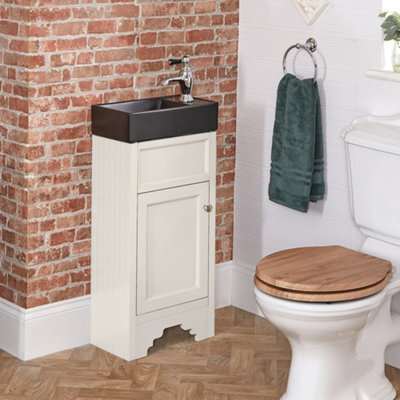 Homestylestore Antique White 400mm Bathroom Vanity Unit With Black Basin And Black Round Handles - image 1