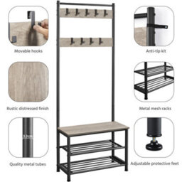 Yaheetech Grey Metal Hall Tree With 2 Shoe Shelves - thumbnail 4