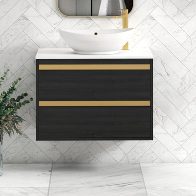 Royal Bathrooms Orion 800mm Hale Black Wall Hung Plain White Countertop Vanity Unit 2 Drawer With Amaze Basin & Brushed Brass Accent Trim - image 1