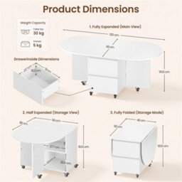 Yaheetech Expandable Coffee Table With 6 Wheels, 50.5Cm H Foldable Living Room Table With 2 Drawers And 2-Layer Cabinet, White - thumbnail 3