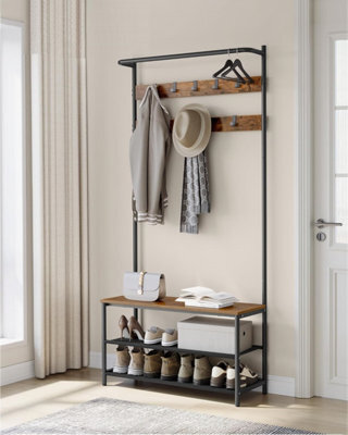 Songmics Vasagle Wide Coat Stand With Shoe Rack, Shoe Bench, Hall Tree, Hooks, Top Bar, Industrial, Rustic Brown And Black - image 1