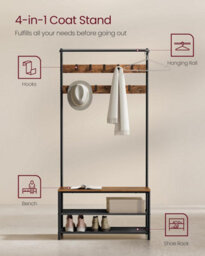 Songmics Vasagle Wide Coat Stand With Shoe Rack, Shoe Bench, Hall Tree, Hooks, Top Bar, Industrial, Rustic Brown And Black - thumbnail 3