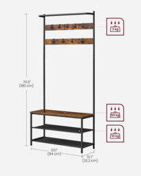 Songmics Vasagle Wide Coat Stand With Shoe Rack, Shoe Bench, Hall Tree, Hooks, Top Bar, Industrial, Rustic Brown And Black - thumbnail 2