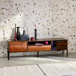 Sweeek. 151.5Cm Vintage Tv Unit Walnut Wooden Effect 2 Doors 1 Drawer Glassy Walnut 151.5X38X44.7 Cm - thumbnail 3