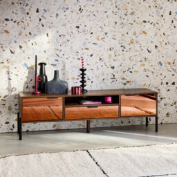 Sweeek. 151.5Cm Vintage Tv Unit Walnut Wooden Effect 2 Doors 1 Drawer Glassy Walnut 151.5X38X44.7 Cm - thumbnail 2