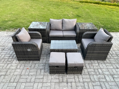 Fimous Outdoor Lounge Sofa Set 6 Seater Rattan Garden Furniture Set With Rectangular Coffee Table 2 Small Footstools - image 1