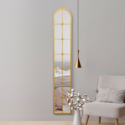 "Mirror Slim Window Arcus - Gold Framed Arched Leaner Wall Mirror 67"" X 12"" (170Cm X 30Cm)" - image 1