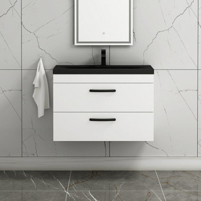 Royal Bathrooms Turin 800mm Wall Hung Vanity Unit 2 Drawer Gloss White With Black Basin & Handles - image 1