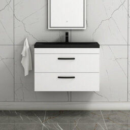 Royal Bathrooms Turin 800mm Wall Hung Vanity Unit 2 Drawer Gloss White With Black Basin & Handles - thumbnail 4
