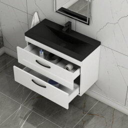 Royal Bathrooms Turin 800mm Wall Hung Vanity Unit 2 Drawer Gloss White With Black Basin & Handles - thumbnail 6