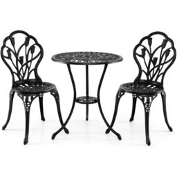 Costway 3-Piece Cast Aluminum Bistro Set, Patio All-Weather Table & Chairs With Umbrella Hole - thumbnail 2
