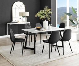 Furniturebox Carson 6 Seater White Marble Effect Rectangular Scratch Resistant Dining Table With 6 Black Corona Faux Leather Black Leg Chairs