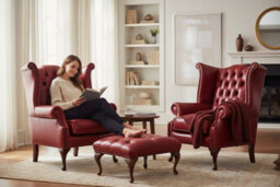 Chesterfield 2 X Wing Chairs + Footstool Old English Gamay Red Leather In Queen Anne Style - thumbnail 2