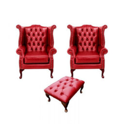 Chesterfield 2 X Wing Chairs + Footstool Old English Gamay Red Leather In Queen Anne Style