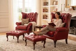 Chesterfield 2 X Wing Chairs + Footstool Old English Gamay Red Leather In Queen Anne Style - thumbnail 3