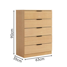 Home Source Phoenix 5 Drawer Storage Chest Oak Effect Bedroom Furniture - thumbnail 9