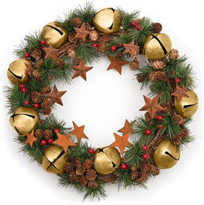 Shatchi 40Cm Bells Stars Pine Green Christmas Wreath - image 1