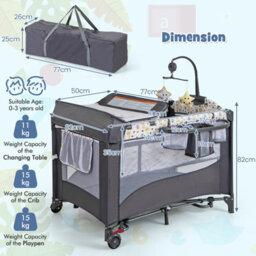 Costway Portable Baby Bed Travel Cot Foldable Playpen Play Yard With Changing Table-Grey - thumbnail 2