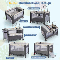 Costway Portable Baby Bed Travel Cot Foldable Playpen Play Yard With Changing Table-Grey - thumbnail 3