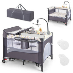 Costway Portable Baby Bed Travel Cot Foldable Playpen Play Yard With Changing Table-Grey