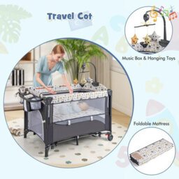Costway Portable Baby Bed Travel Cot Foldable Playpen Play Yard With Changing Table-Grey - thumbnail 4