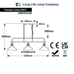 Long Life Lamps Company Industrial Ceiling Brush Chrome Bar 3 Clear Glass Lamp Shade Pendant Light H3011 - thumbnail 2